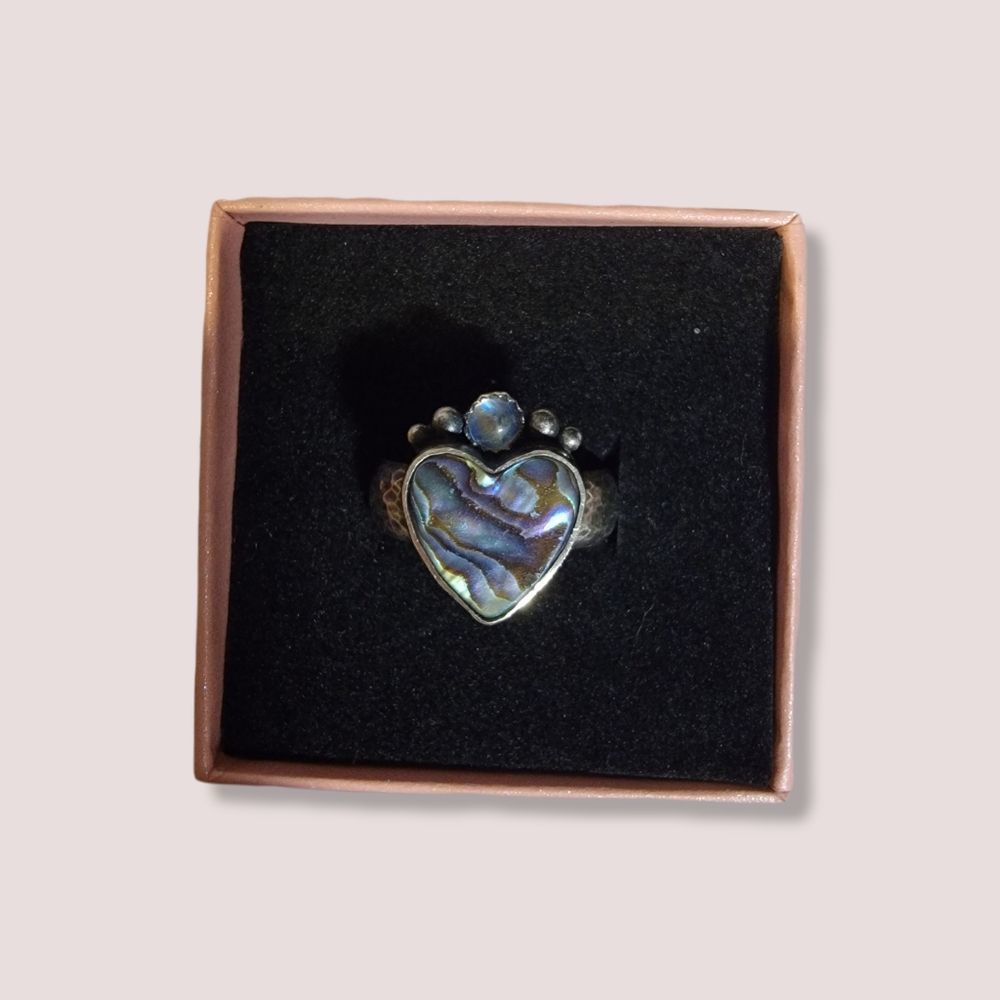 Heart Shape Abalone Shell Ring in Sterling Blue Moonstone Size 8 Ring